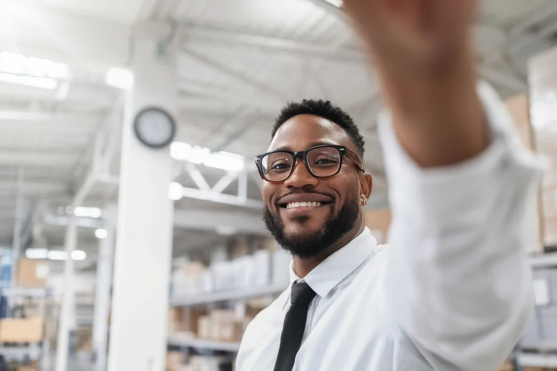 Smiling man in white shirt and tie waving in a warehouse storage facility