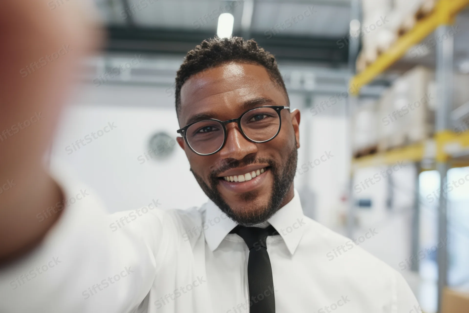Smiling man with glasses and beard taking selfie in warehouse setting