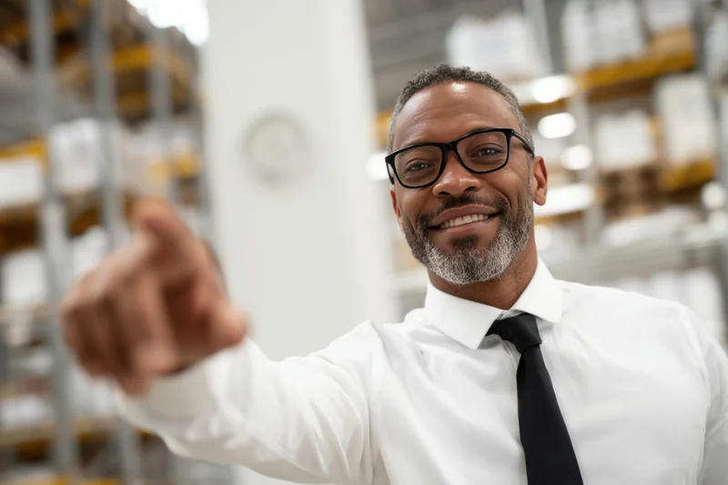 Smiling man in white shirt and tie pointing forward in warehouse interior