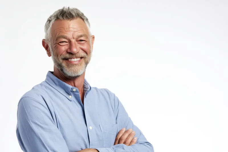 Middle-aged man smiling with arms crossed against white background
