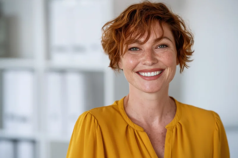 Smiling woman in mustard blouse standing in office with shelves behind her