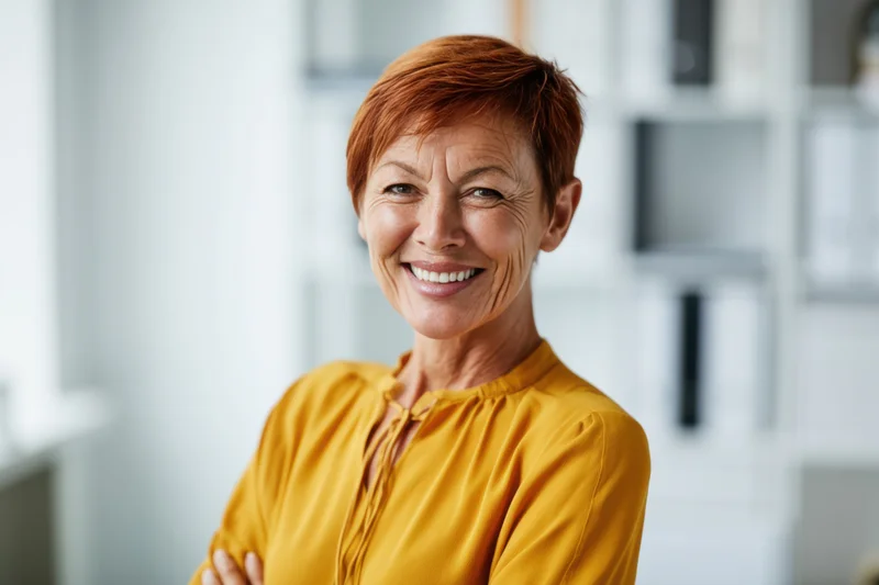 Smiling woman with short auburn hair in yellow blouse standing in office with arms crossed