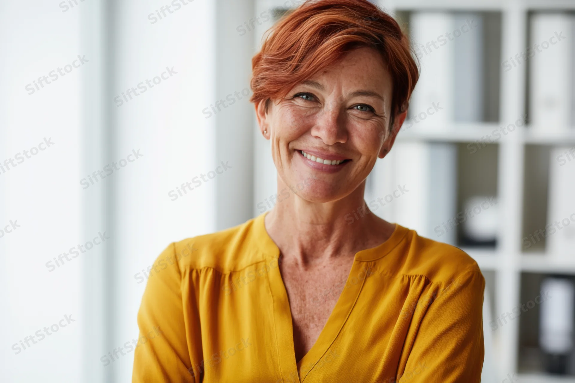 Smiling woman in yellow blouse standing in office interior