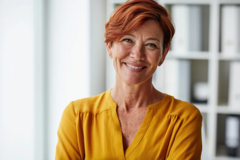 Smiling woman in yellow blouse standing in office interior