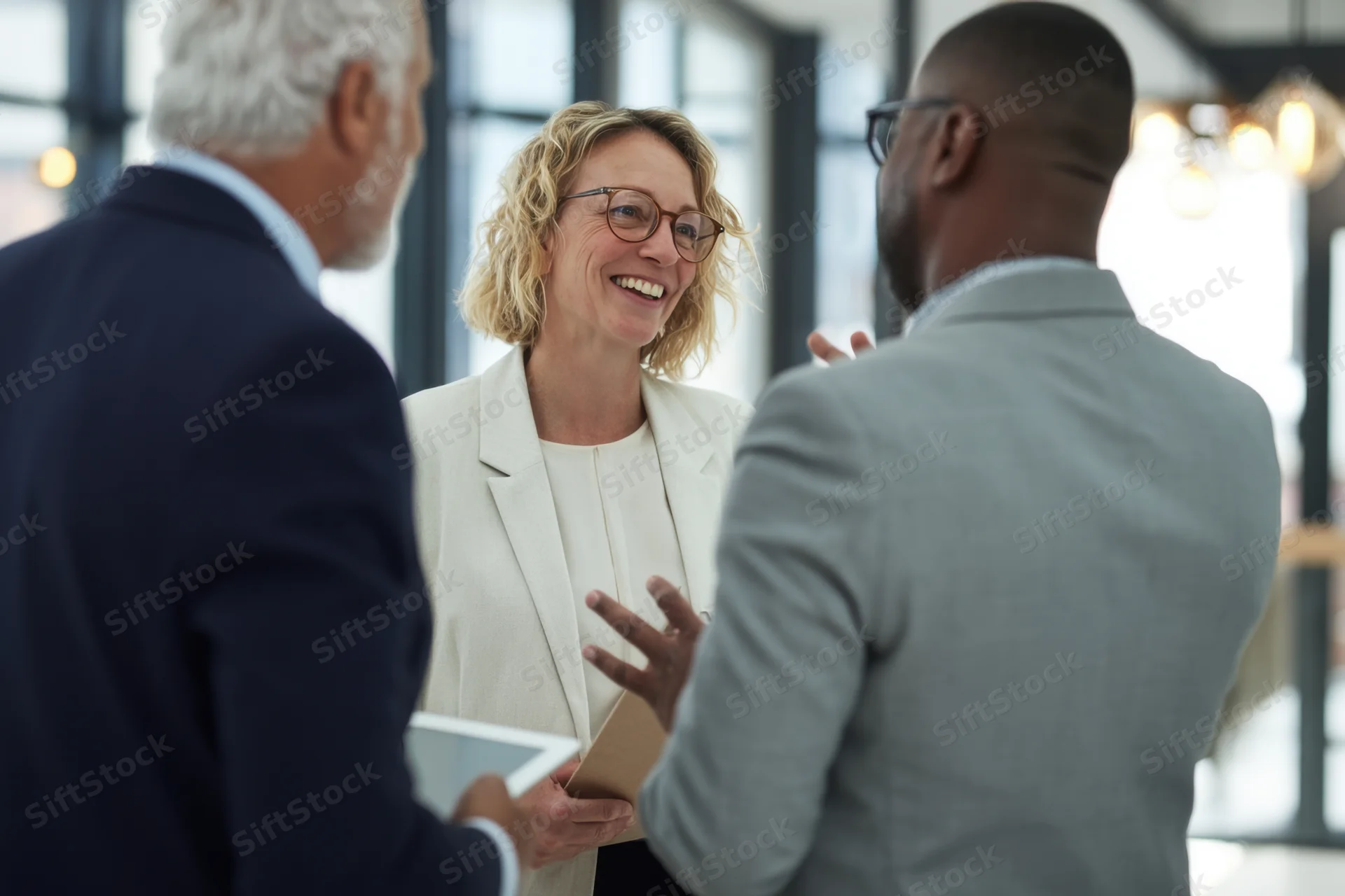 Three professionals in a meeting discussing business in a modern office