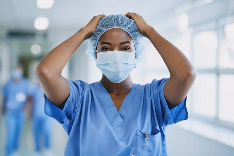 Woman in blue scrubs adjusting surgical cap in hospital corridor