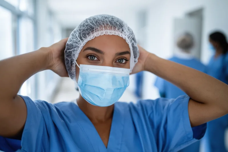 Woman in blue scrubs adjusting surgical mask in hospital corridor