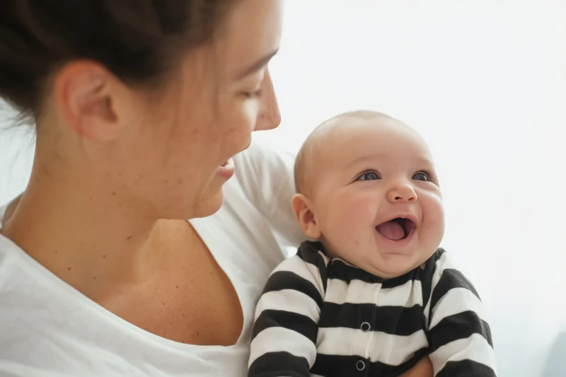 Mother holding smiling baby in striped onesie indoors
