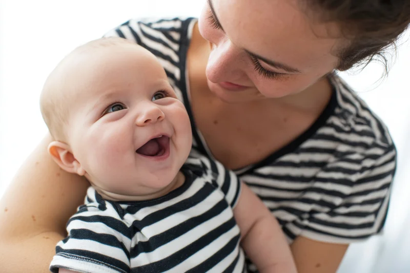 Mother holding smiling baby in striped onesie indoors