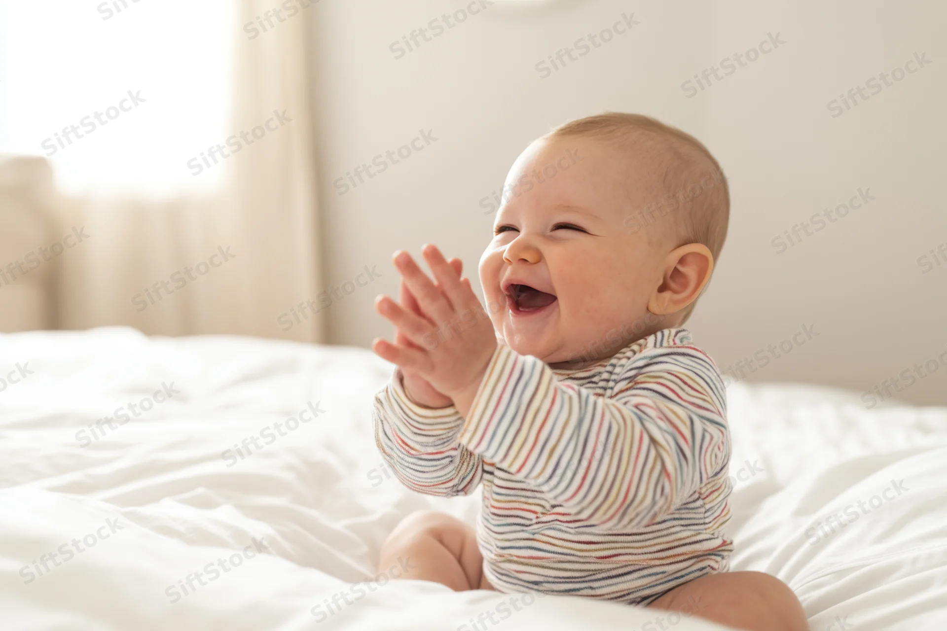 Joyful baby clapping while sitting on a white bed in a bright bedroom