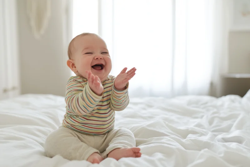 Baby laughing joyfully while sitting on a white bed in a bright bedroom