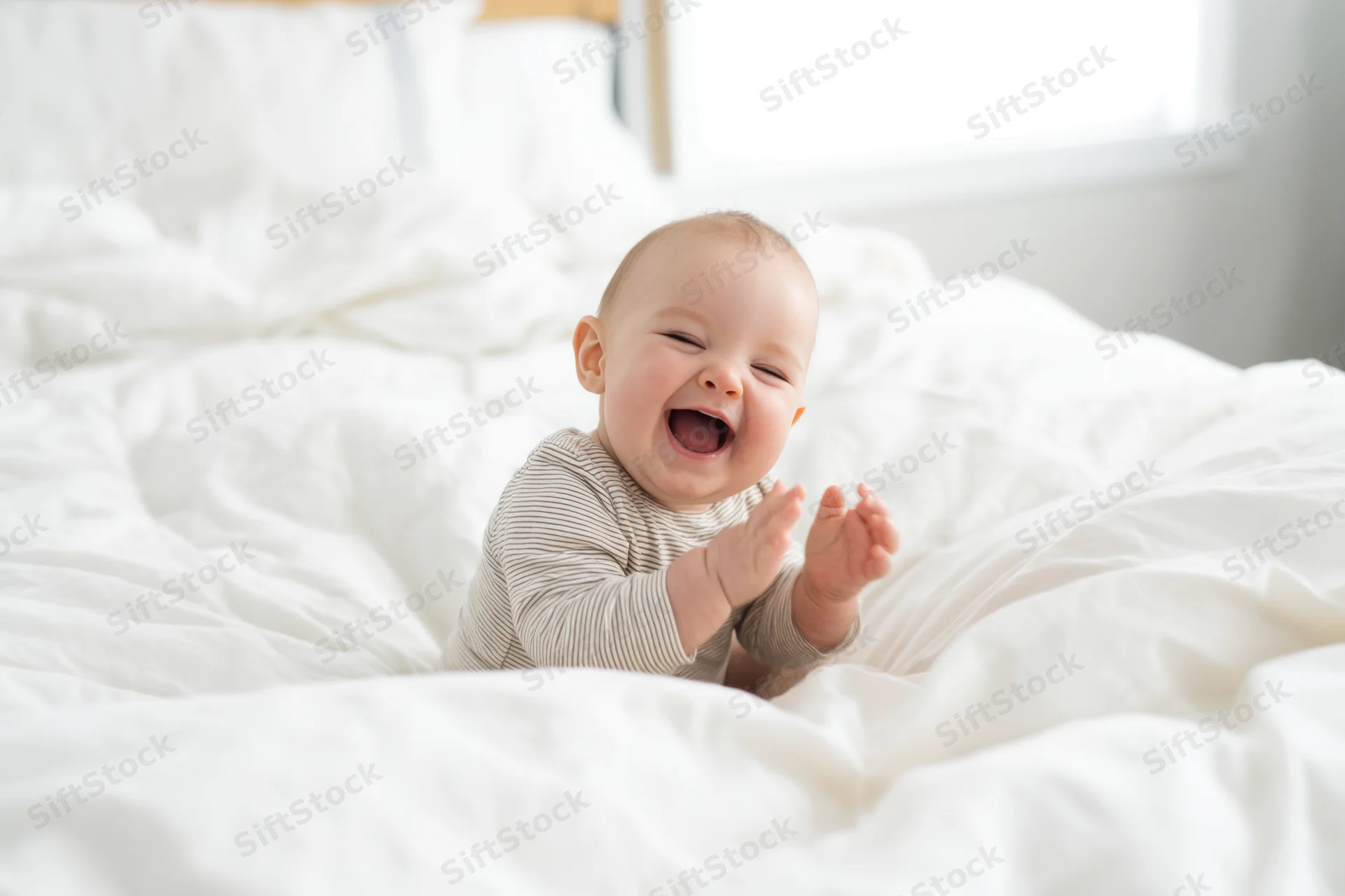 Joyful baby laughing and clapping while sitting on a white bed in a bright bedroom
