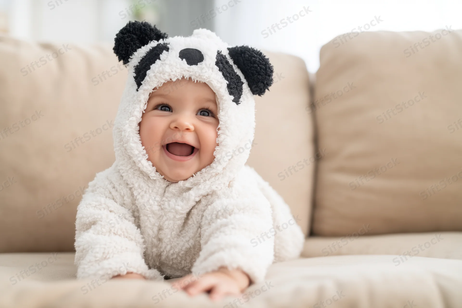 Baby in panda costume crawling on beige sofa smiling
