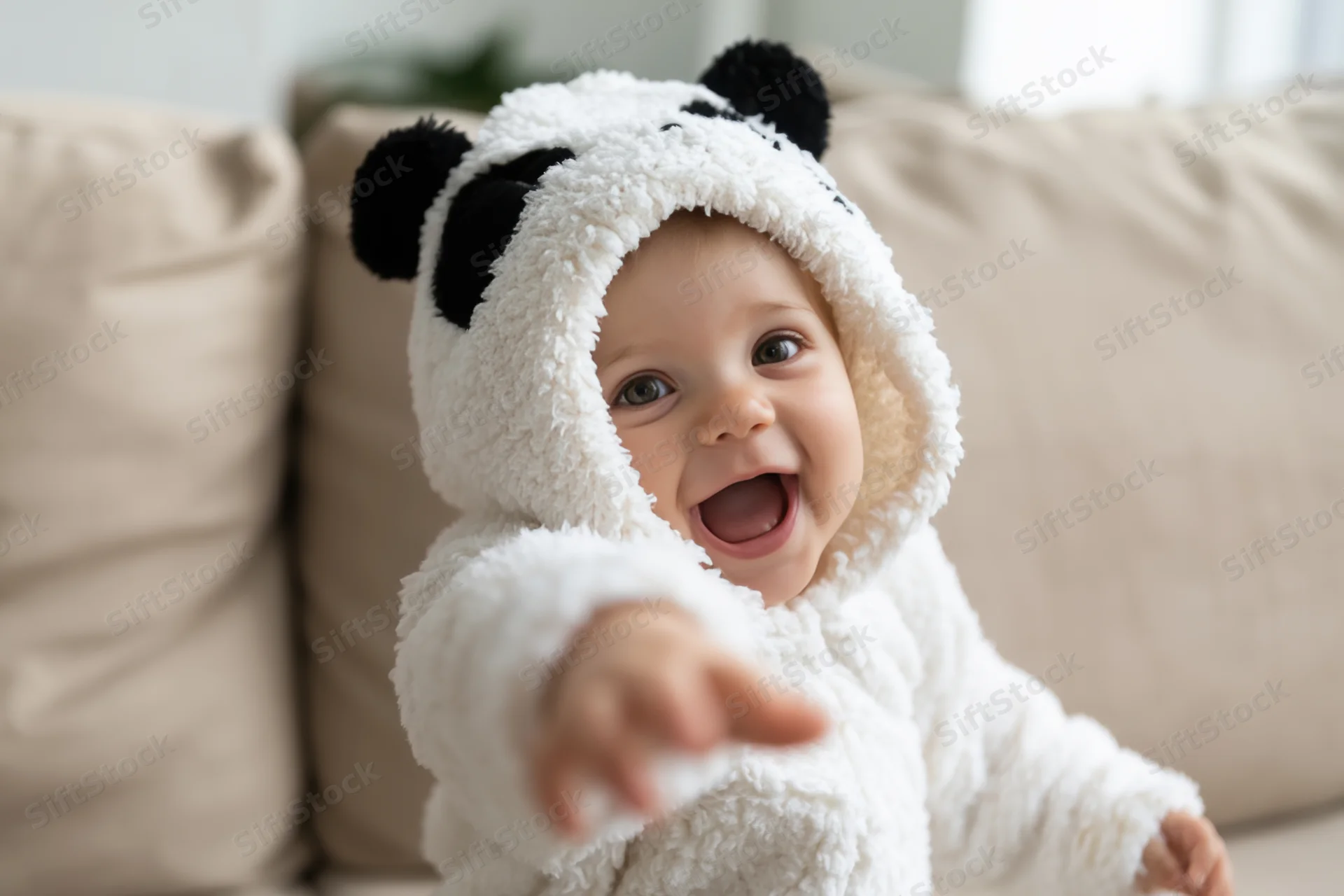 Baby in panda costume pointing while sitting on beige sofa
