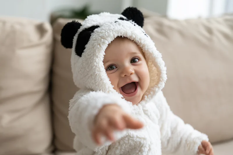 Baby in panda costume pointing while sitting on beige sofa