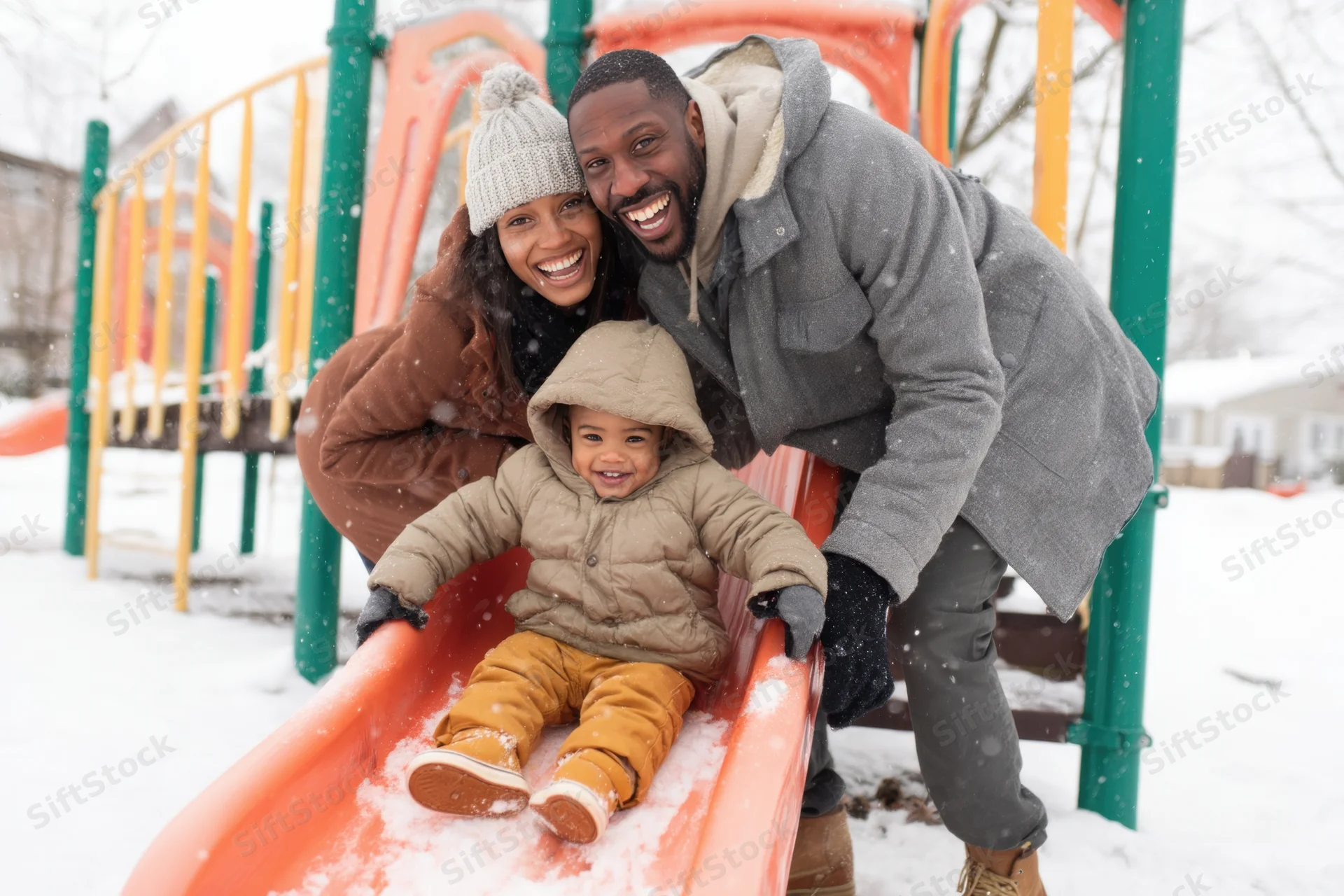 Family with child sliding on playground slide in snow, parents smiling beside them