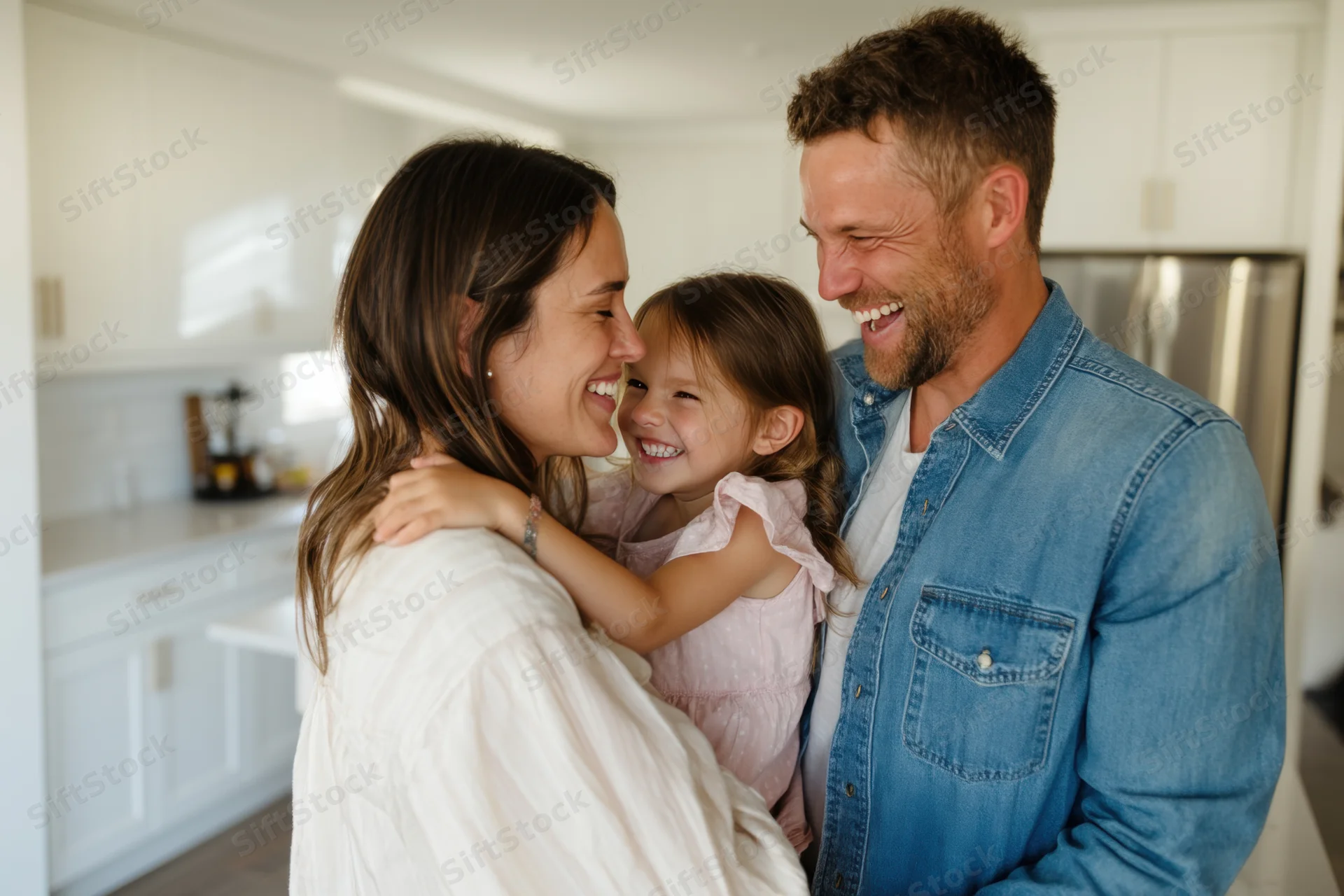 Mother and father hugging their young daughter in a bright kitchen