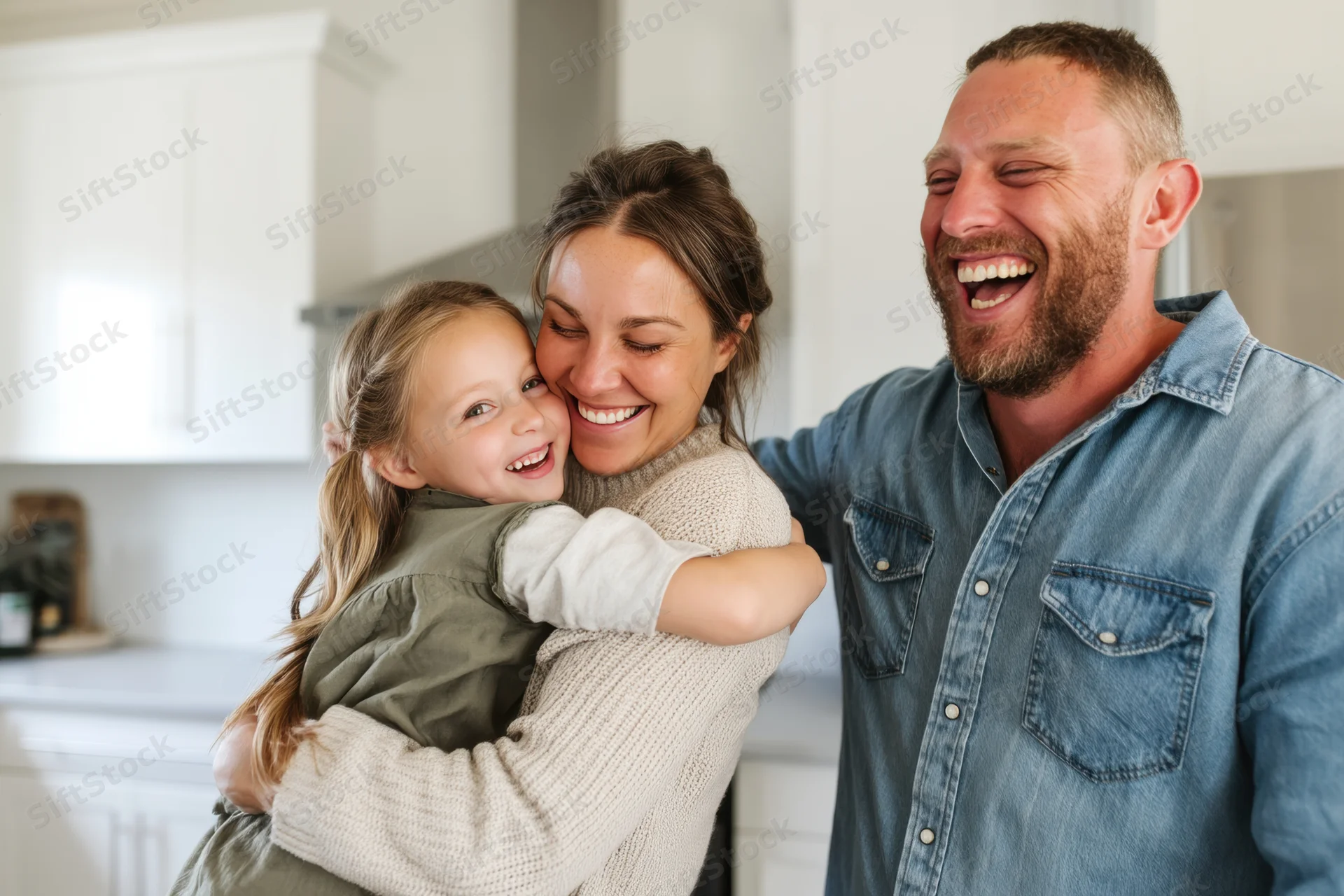 Mother hugging daughter while father laughs in bright kitchen