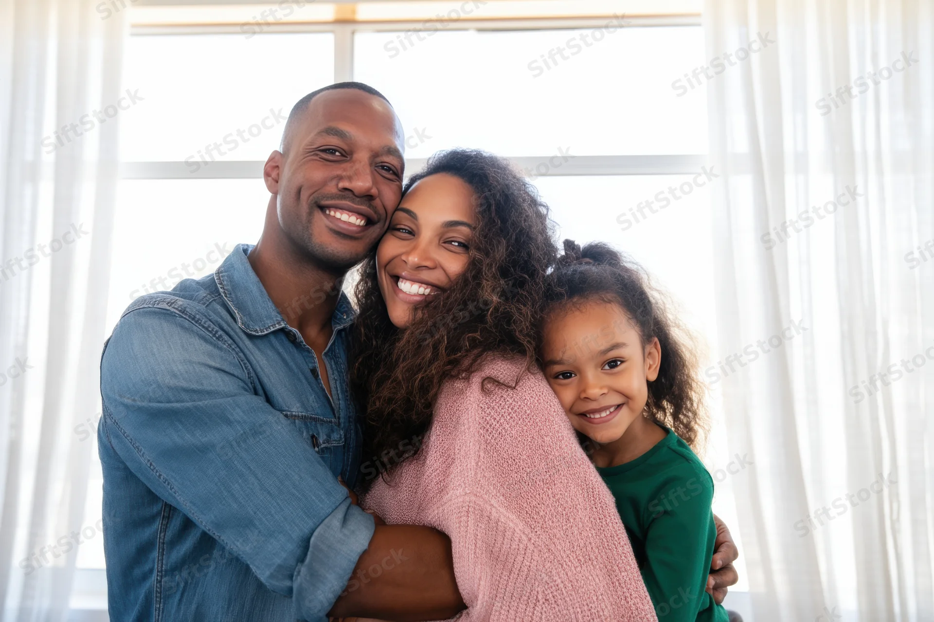 Smiling black family of three hugging together in a sunlit living room