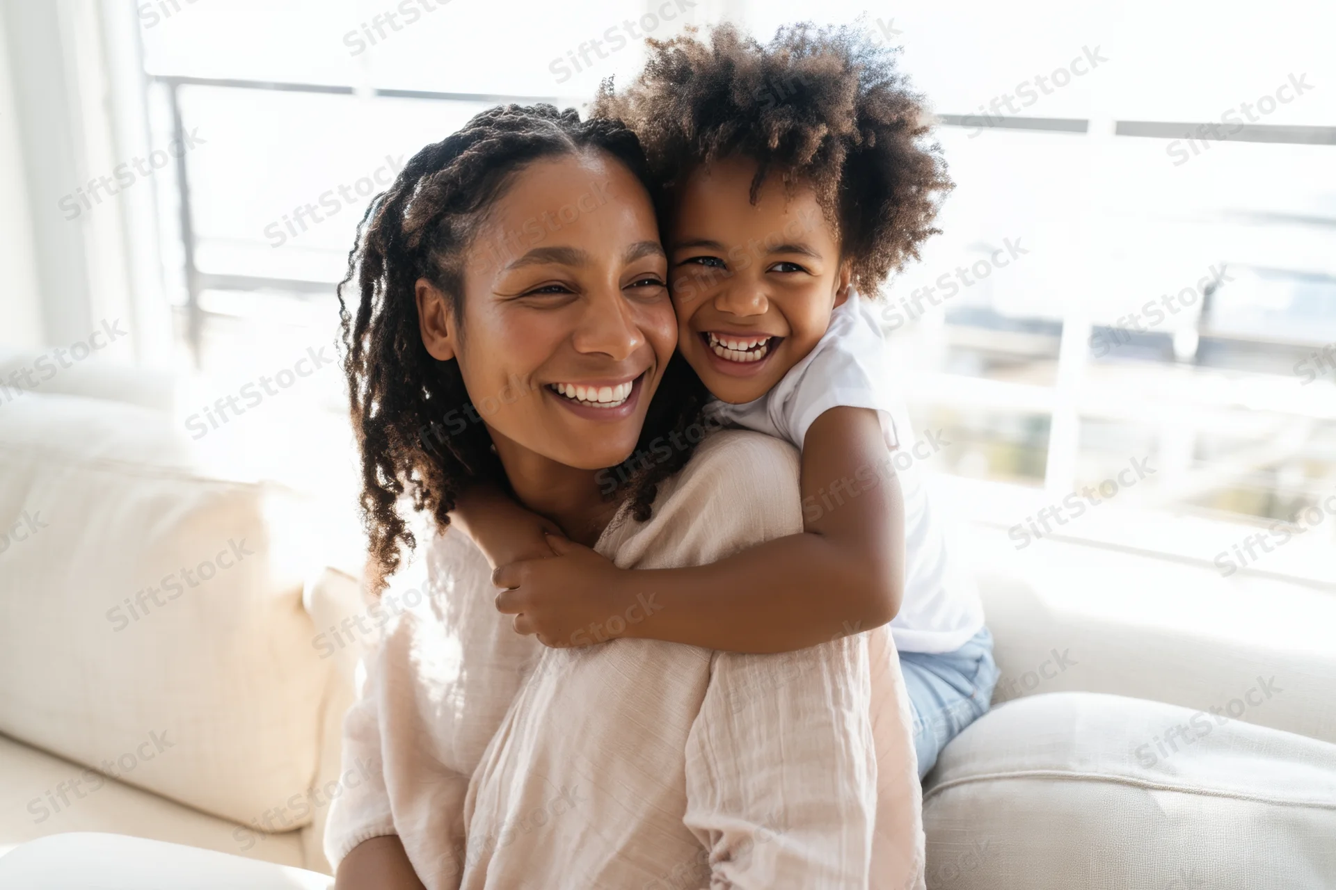 Mother hugging her young child on a light-colored couch in a bright living room
