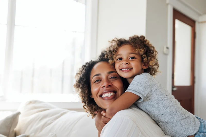 Mother smiling with child hugging her from behind on a light couch in a bright living room