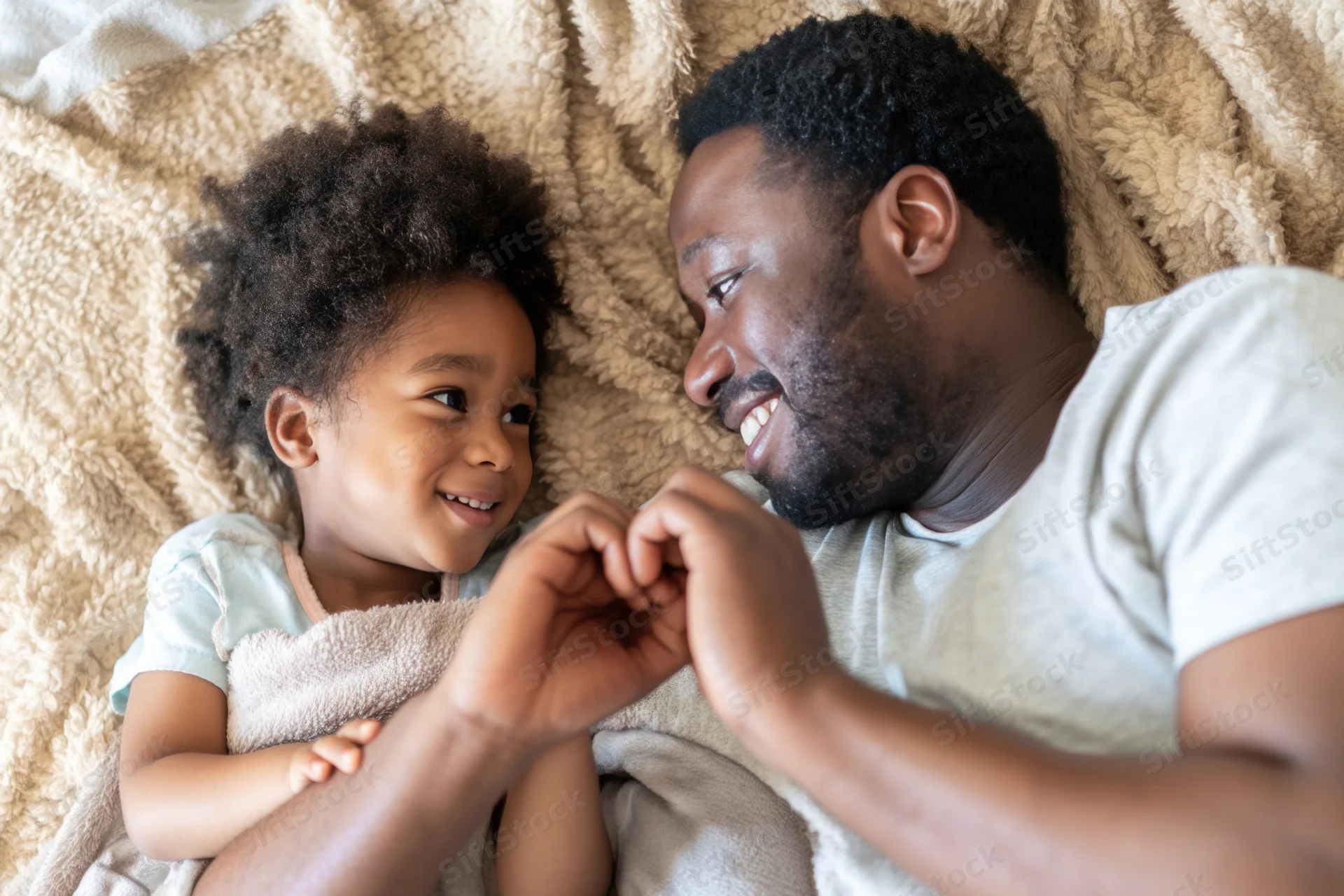 Father and young daughter lying together on a cozy bed, smiling and holding hands, wrapped in a soft blanket