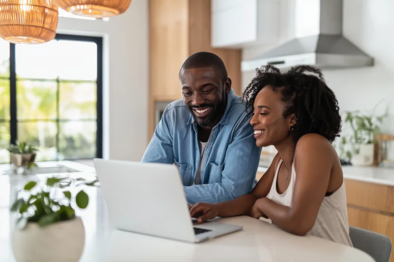 Couple smiling while using laptop together at kitchen counter