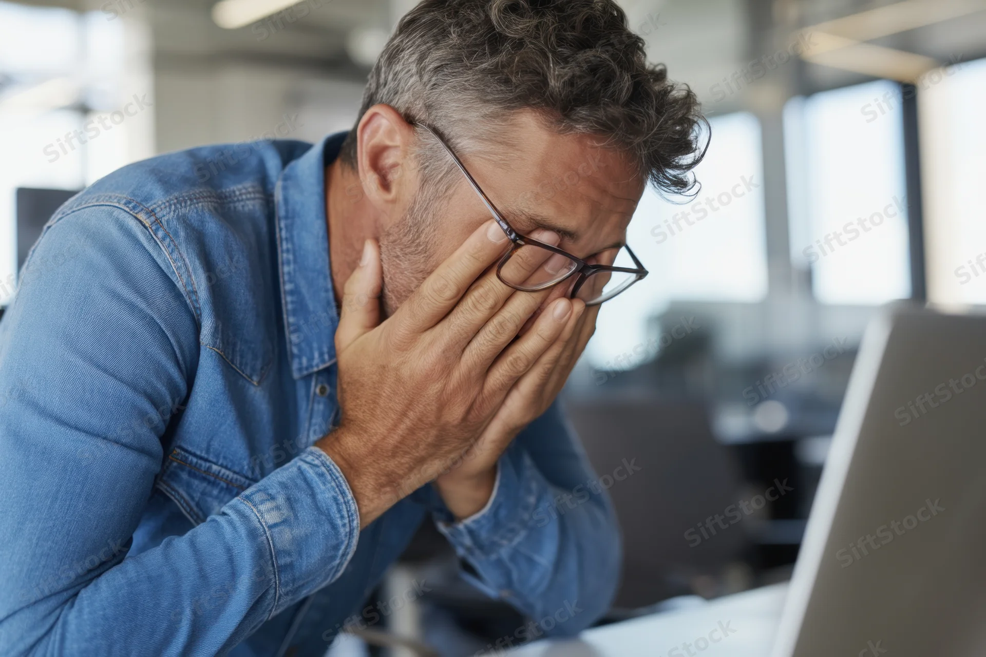 Man in denim shirt covering face with hands at laptop in modern office