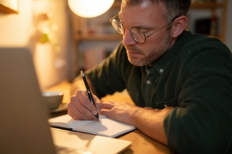 Man writing in notebook at desk with laptop and lamp nearby
