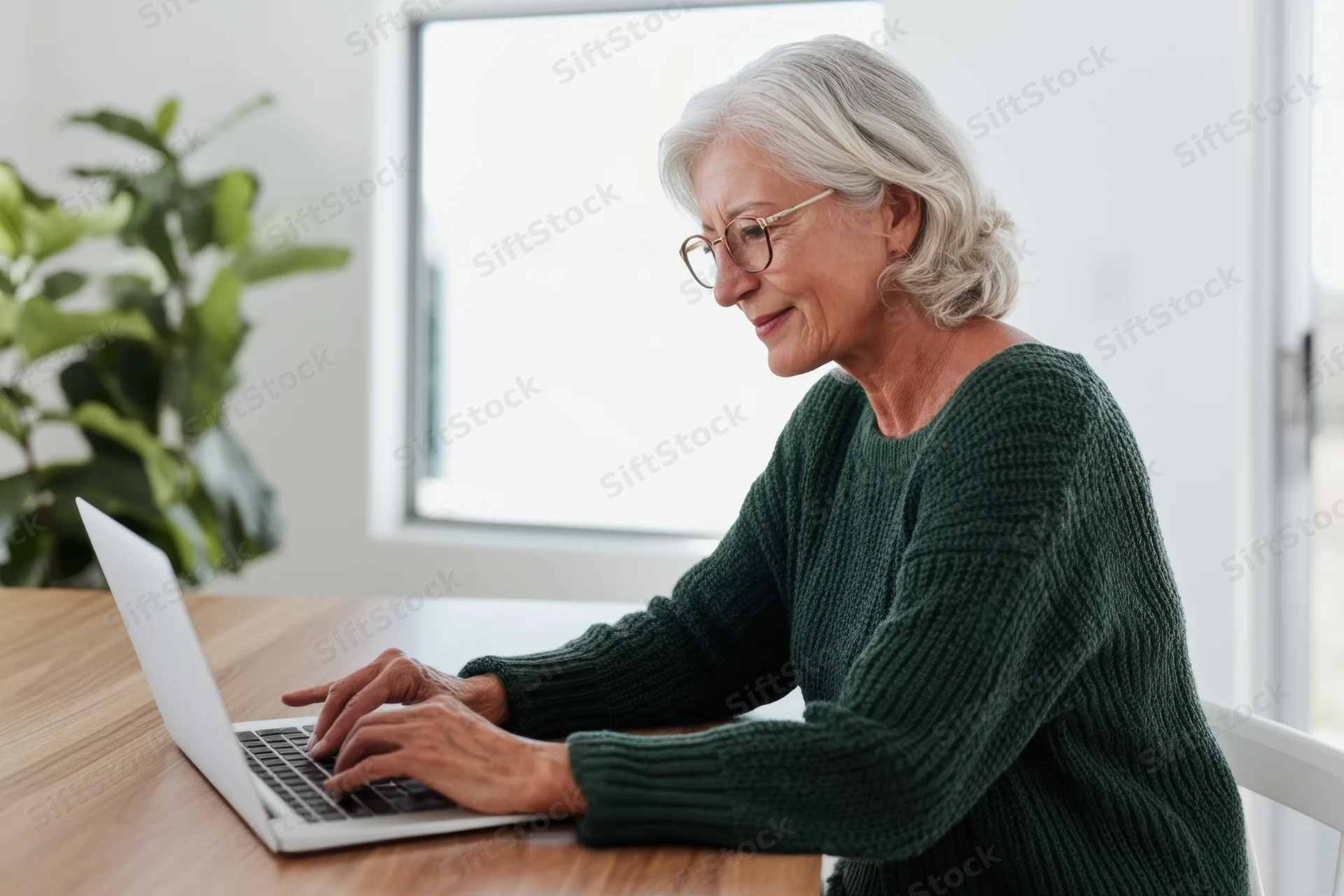 Senior woman typing on laptop at wooden desk by window in home office