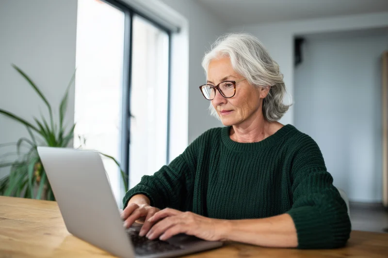 Senior woman typing on laptop at wooden desk by window in home office