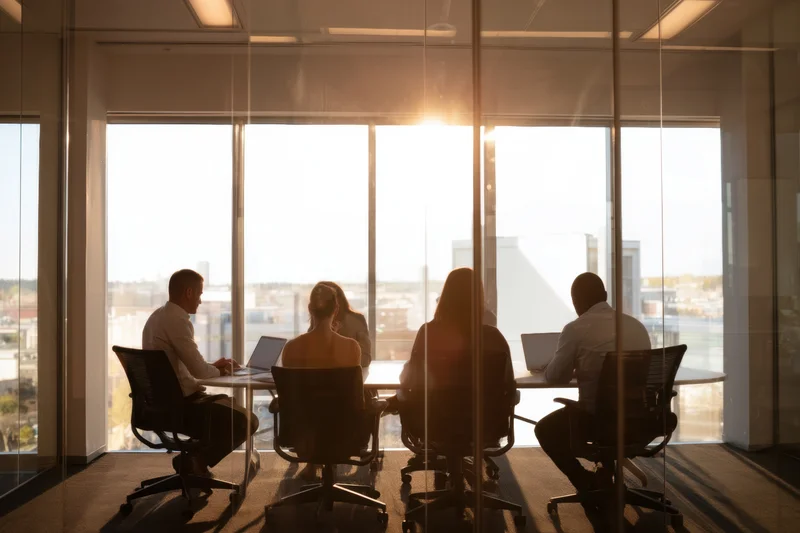 Five professionals in silhouette at a conference table during sunset in a modern office with city view
