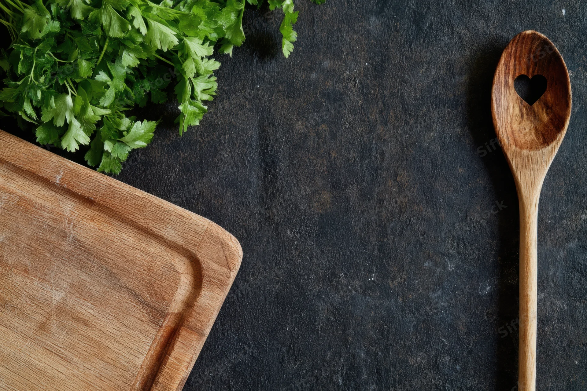 Fresh parsley and wooden spoon with cutting board arranged on dark textured surface