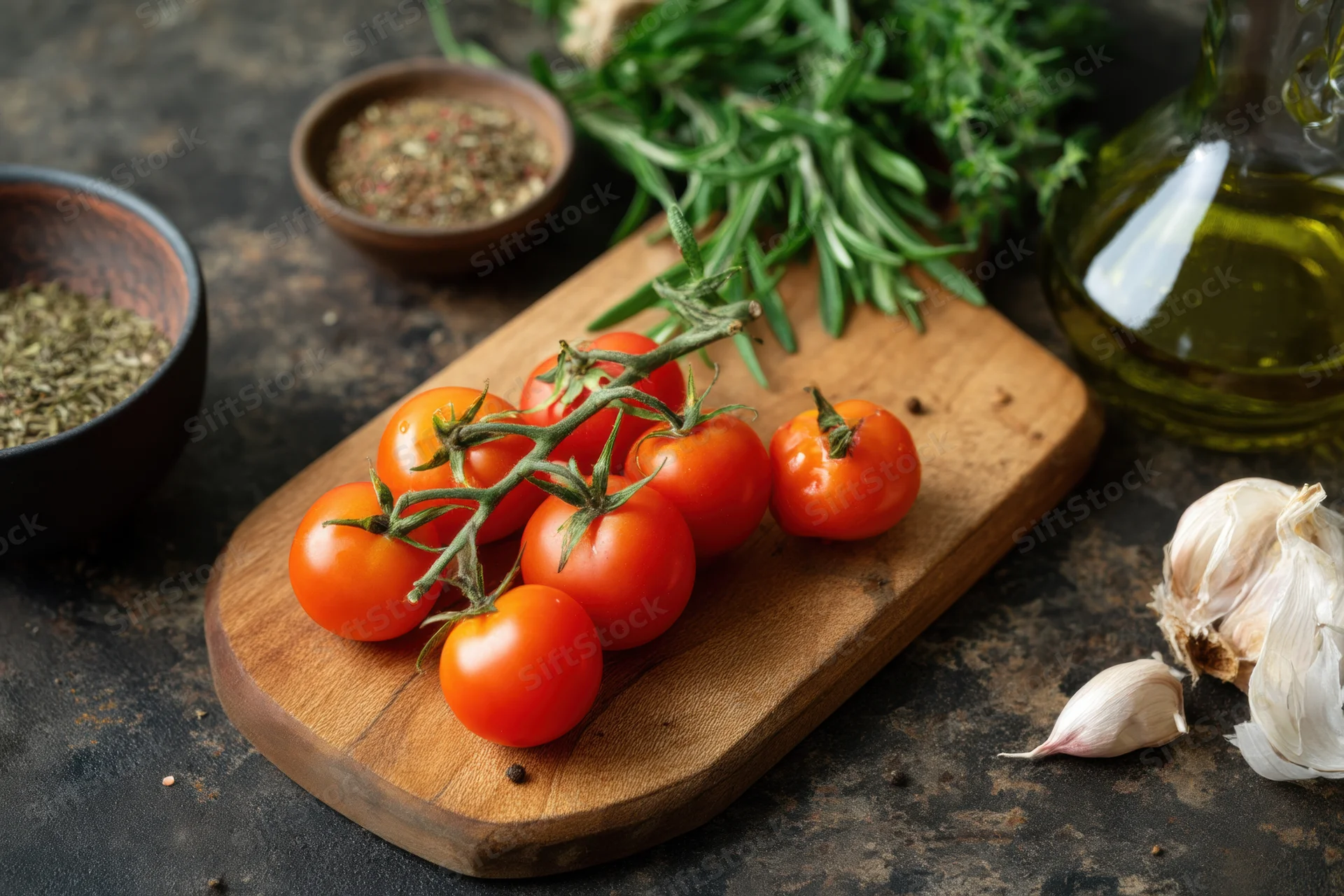 Cherry tomatoes on a wooden chopping board surrounded by garlic, rosemary, olive oil and spices on a dark rustic surface
