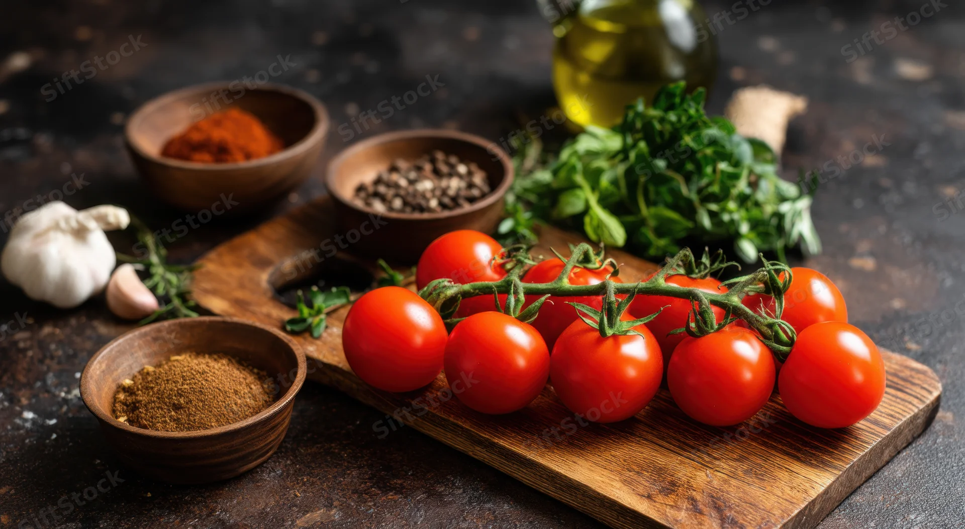 Cherry tomatoes on a vine arranged on a wooden cutting board with spices, garlic, herbs and olive oil around