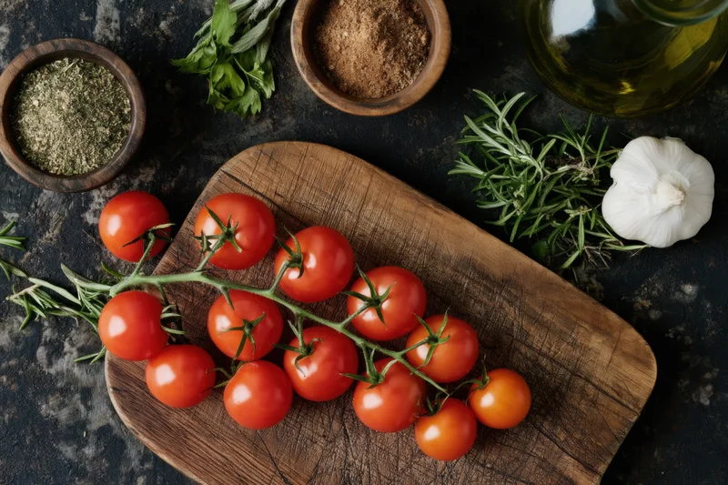 Cherry tomatoes on a vine arranged on a wooden chopping board with herbs, garlic, and olive oil around