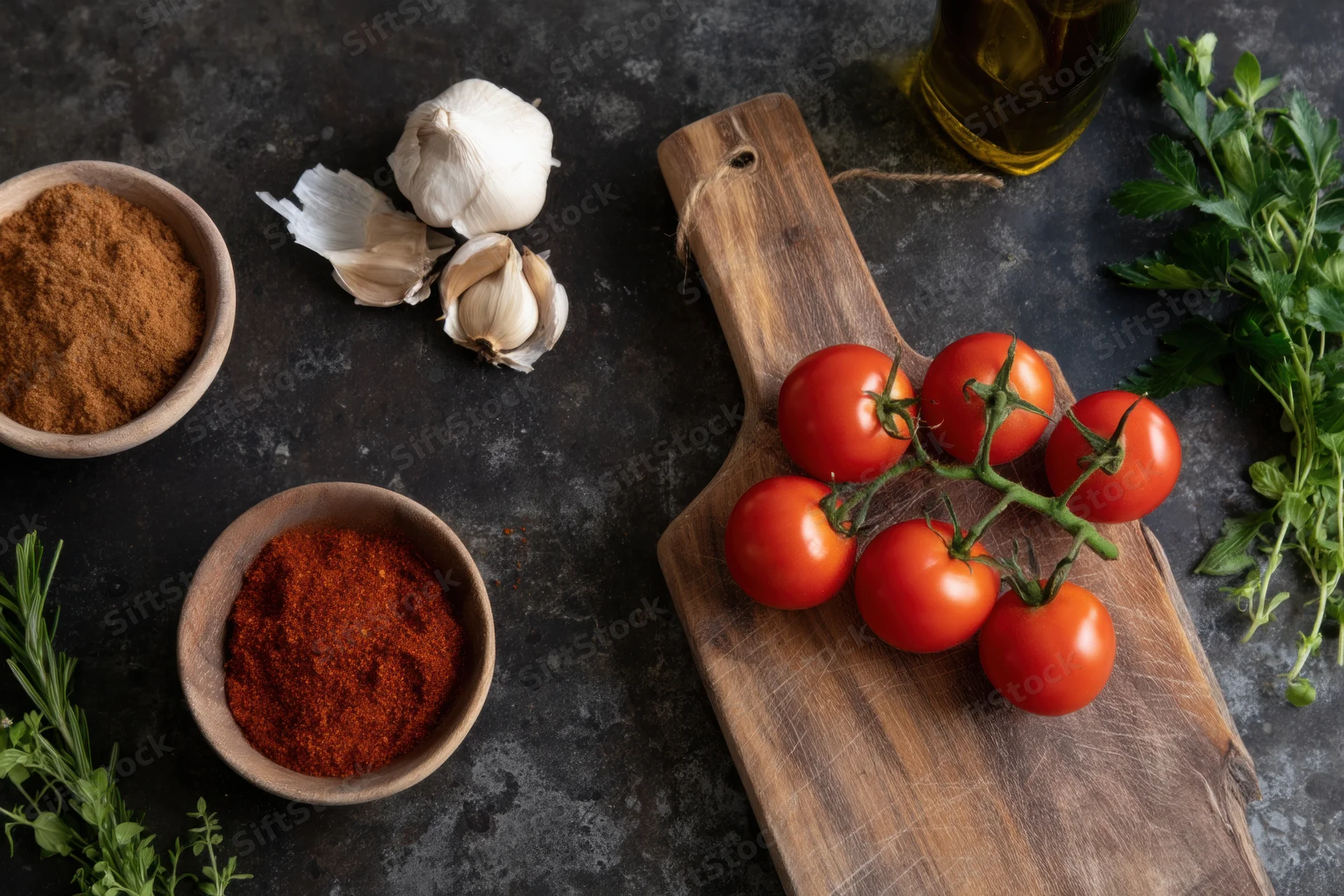 Cherry tomatoes on a vine resting on a wooden cutting board with garlic, spices, herbs and olive oil arranged around on a dark stone countertop