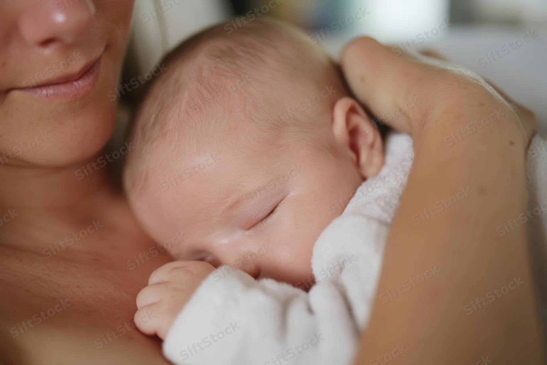 Mother cradling sleeping newborn close to her chest wrapped in white towel