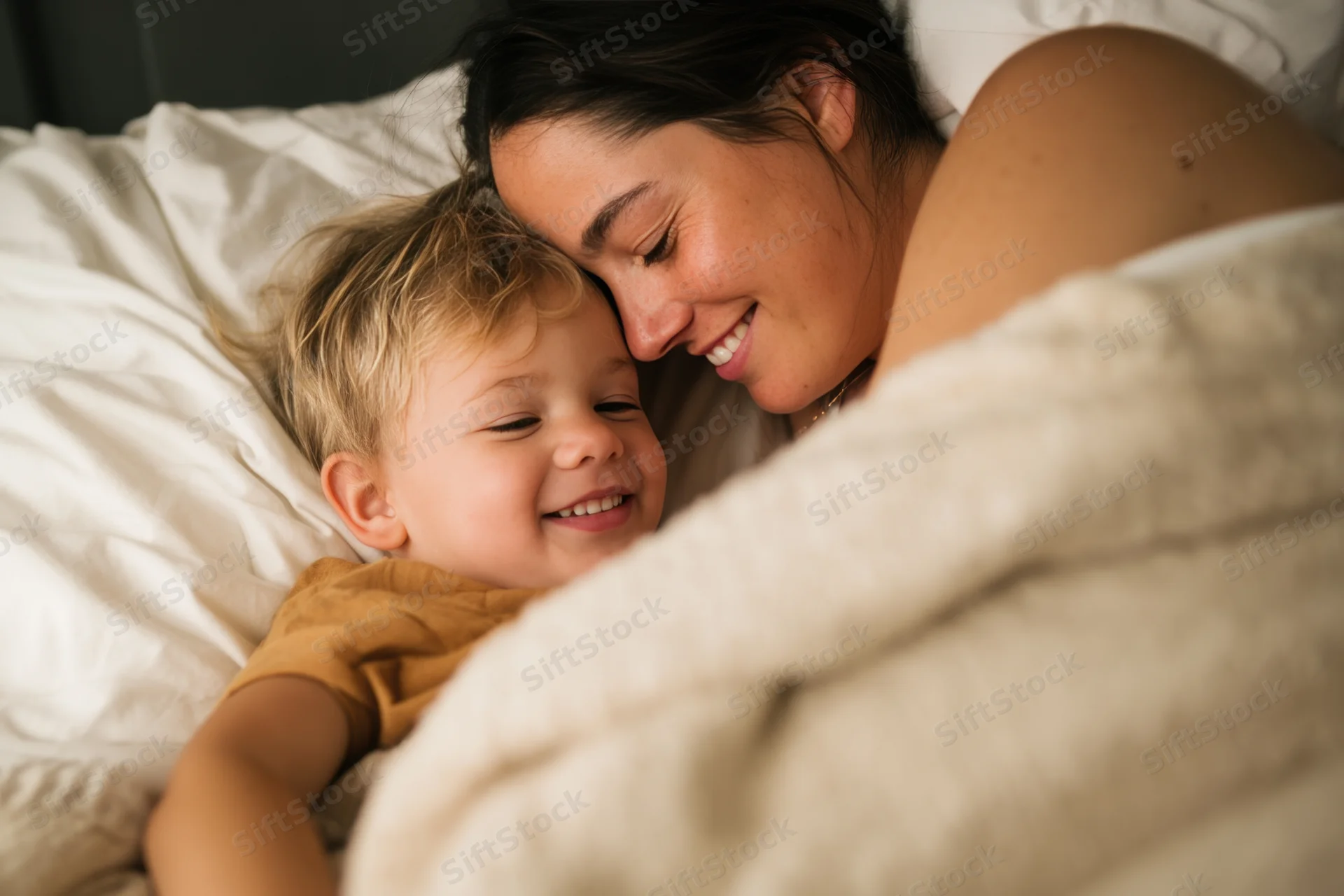 Mother cuddling with her young child on a bed, both smiling closely together under a blanket