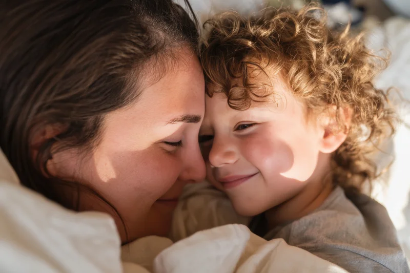 Mother and young child cuddling closely on a bed, faces touching, smiling softly in warm morning light