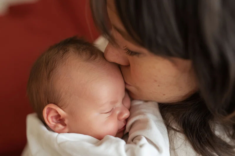 Mother kissing newborn baby wrapped in white blanket close up