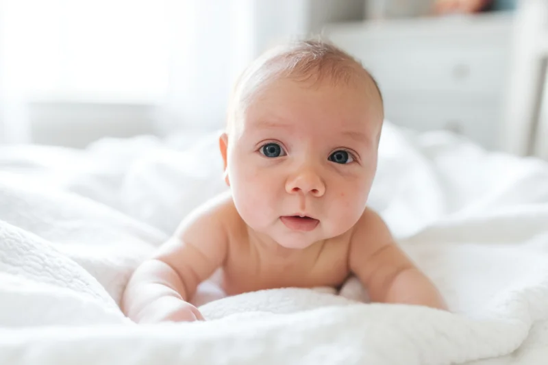 Newborn baby lying on stomach on white blanket in bedroom