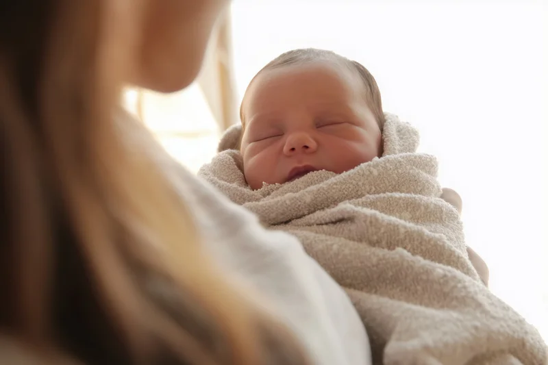 Newborn baby sleeping peacefully wrapped in a blanket held by a woman