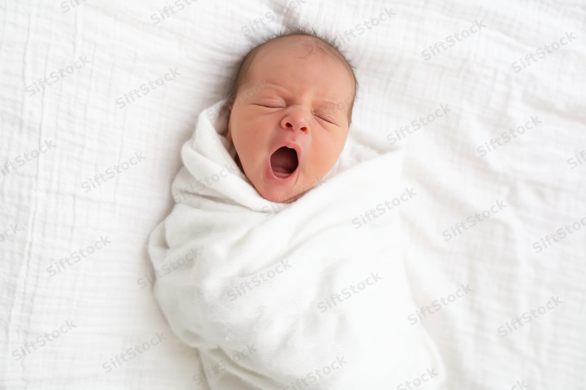 Newborn baby yawning while swaddled in white blanket on textured surface