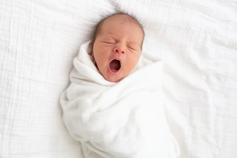 Newborn baby yawning while swaddled in white blanket on textured surface