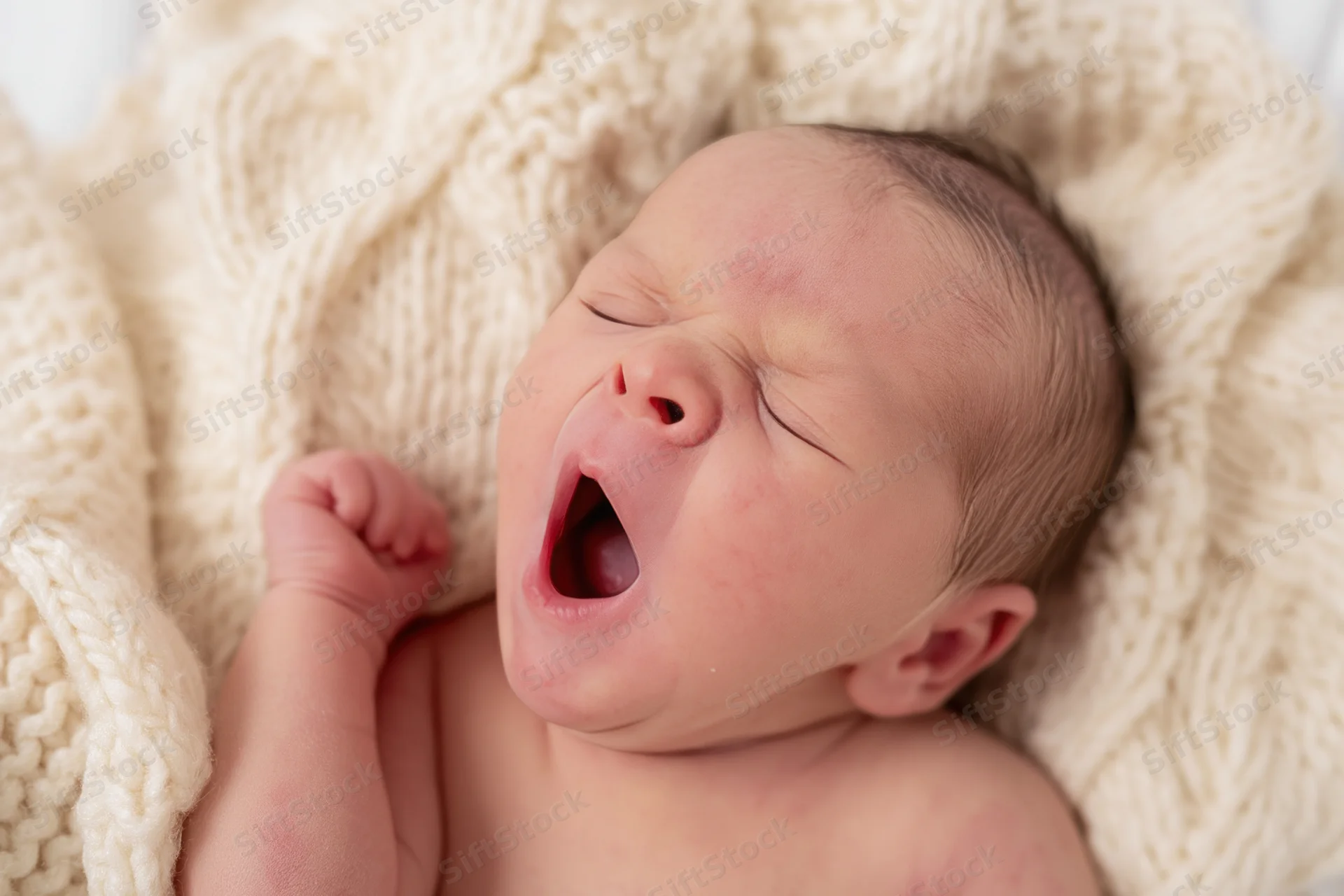 Newborn baby yawning with eyes closed on a soft cream knitted blanket