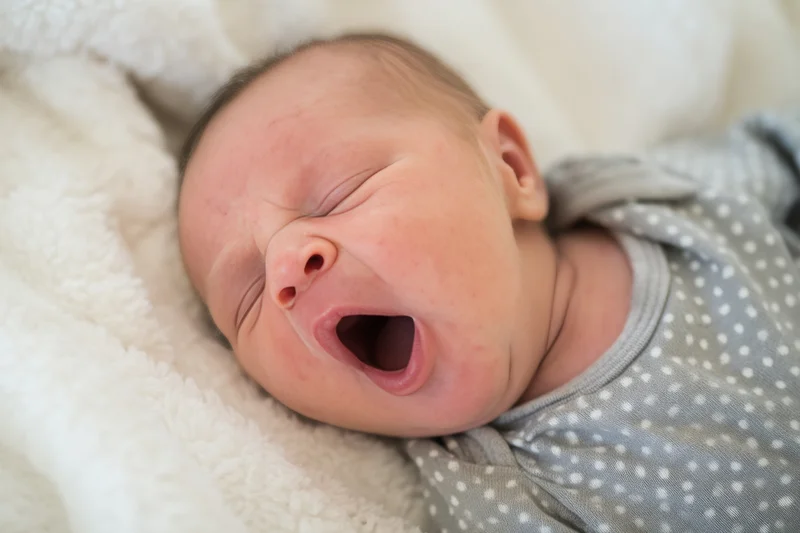 Newborn baby yawning while resting on a soft plush blanket