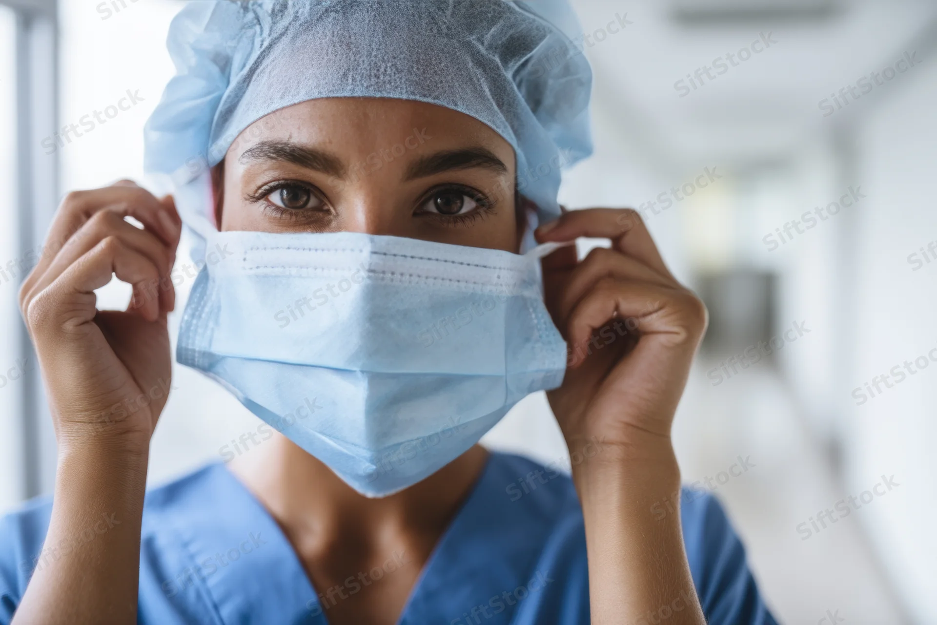 Nurse adjusting surgical mask in hospital corridor