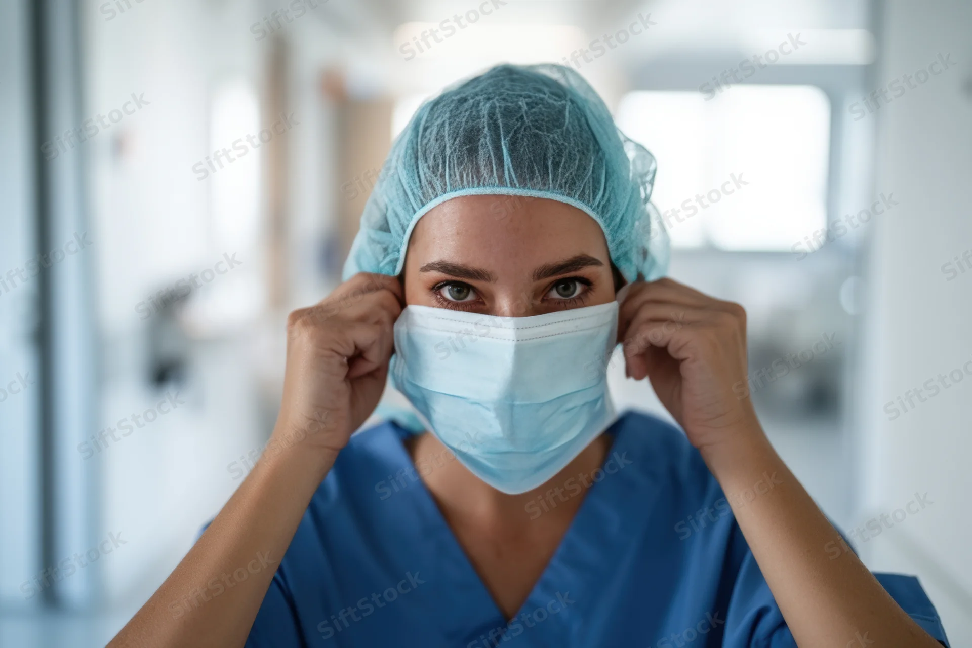 Nurse adjusting her surgical mask in a hospital corridor