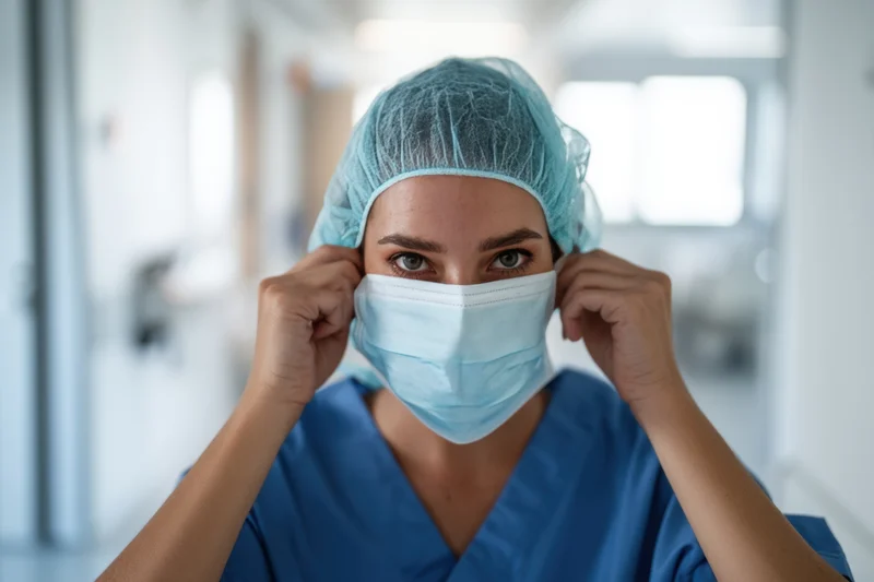 Nurse adjusting her surgical mask in a hospital corridor